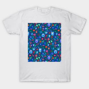 Little Owls and Flowers on deep teal blue T-Shirt
